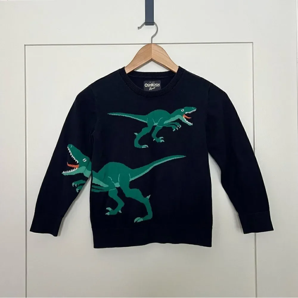 OshKosh B'Gosh Sweater Boys Size 8 Navy Blue Dinosaur Dino Crew Neck Cotton